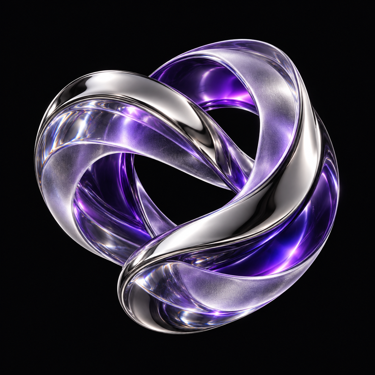 Three interwoven chrome and violet glass layers forming a sculptural orbit